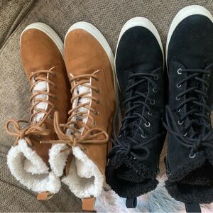 J Slides Brown and Black Shearling Boots